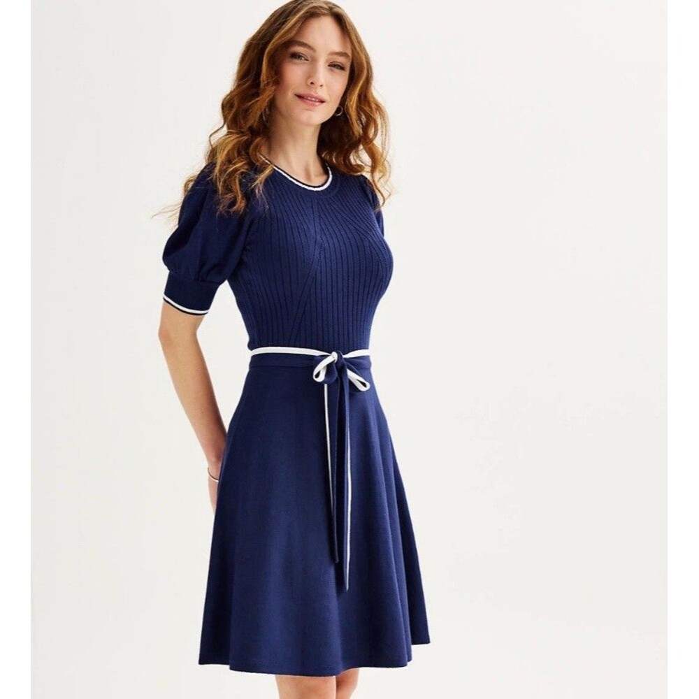 Women's Draper James Belted Elbow Sleeve Sweater Dress 2XL Blue /White Midi New - Picture 14 of 14